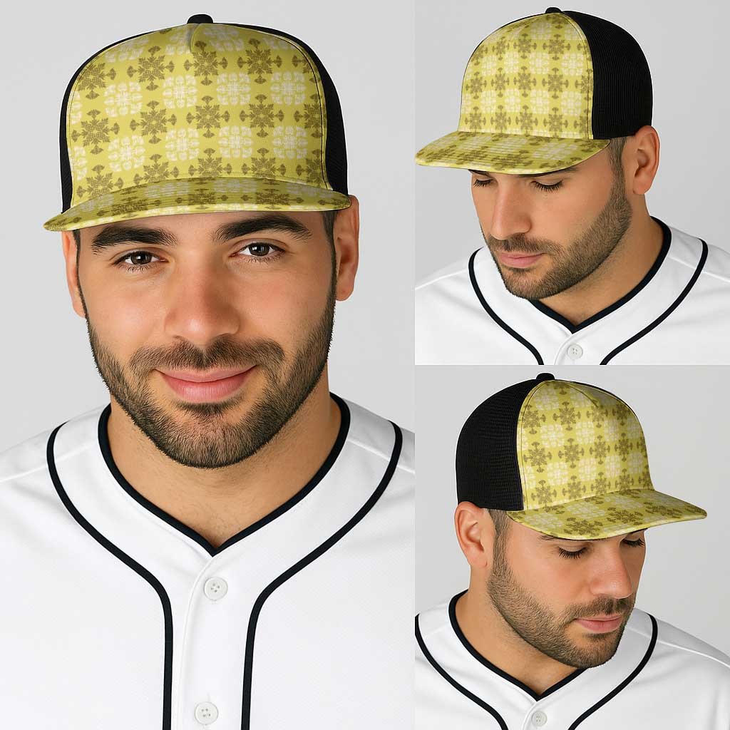 Yellow Hawaiian Quilt Baseball Net Cap Hawaii Pineapple Monstera Palaka Motifs - Polynesian Pride