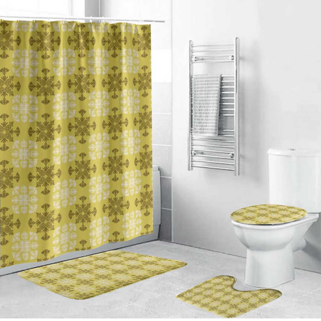 Yellow Hawaiian Quilt Bathroom Set Hawaii Pineapple Monstera Palaka Motifs - Polynesian Pride