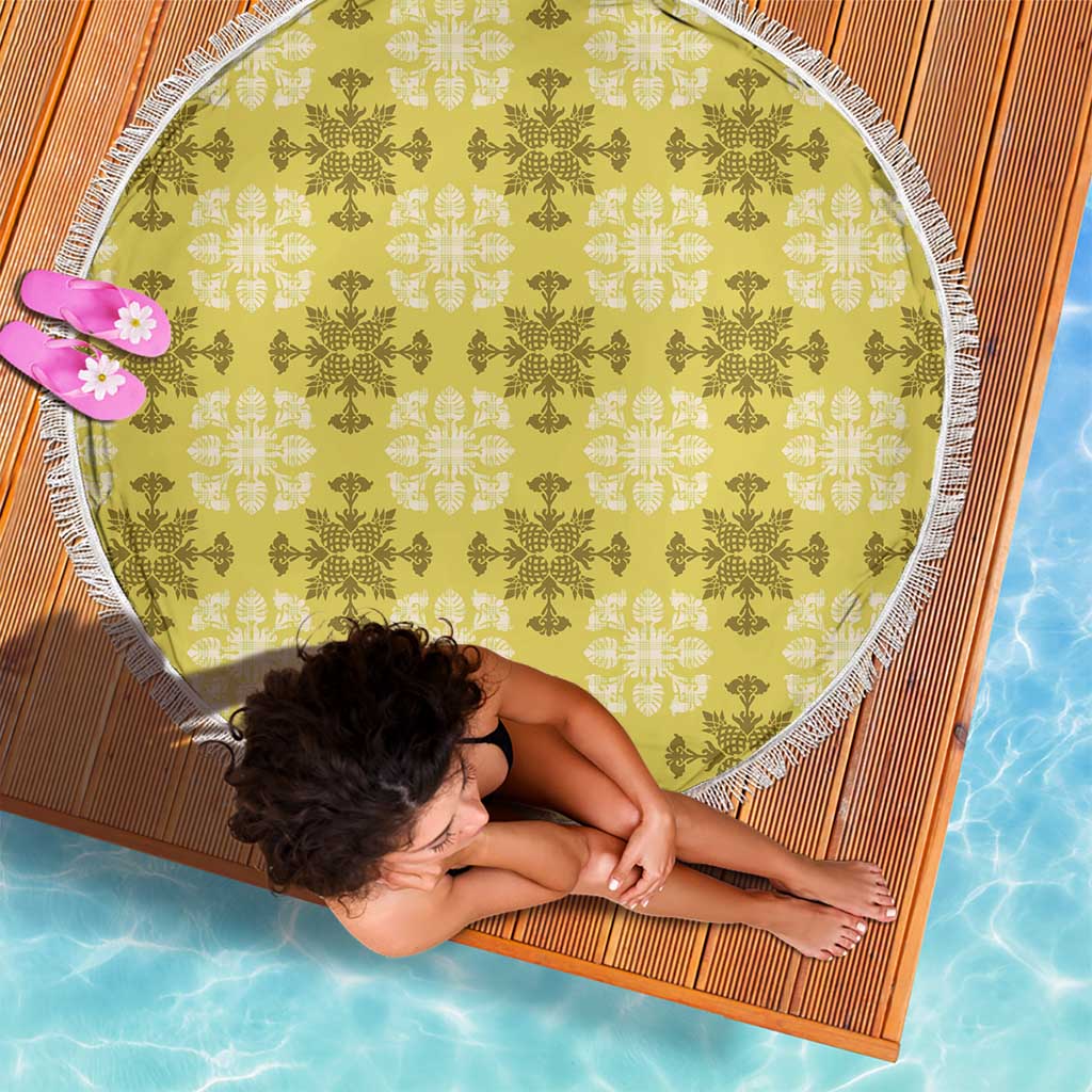 Yellow Hawaiian Quilt Beach Blanket Hawaii Pineapple Monstera Palaka Motifs - Polynesian Pride