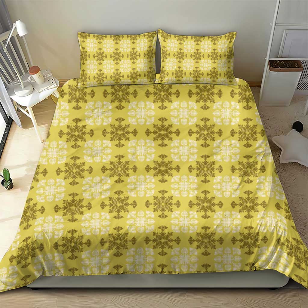Yellow Hawaiian Quilt Bedding Set Hawaii Pineapple Monstera Palaka Motifs - Polynesian Pride