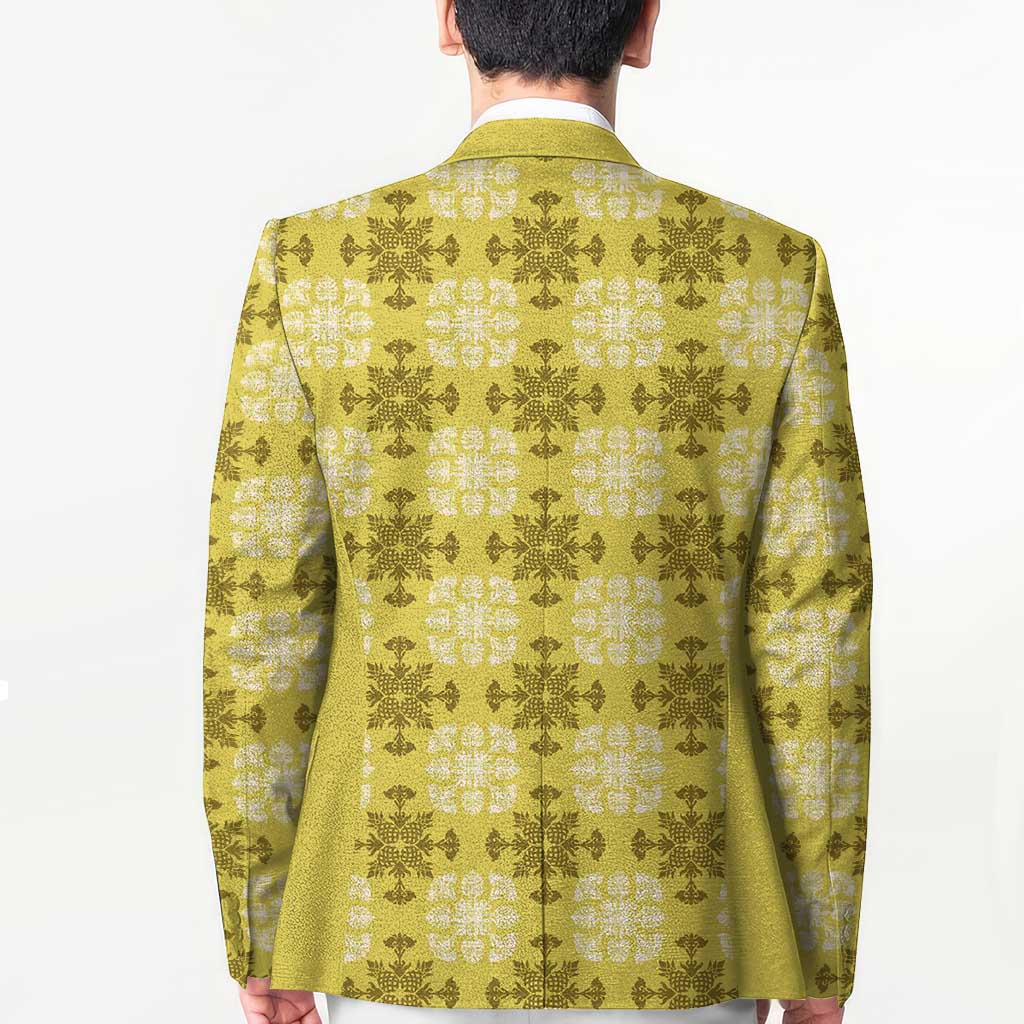 Yellow Hawaiian Quilt Blazer Hawaii Pineapple Monstera Palaka Motifs - Polynesian Pride