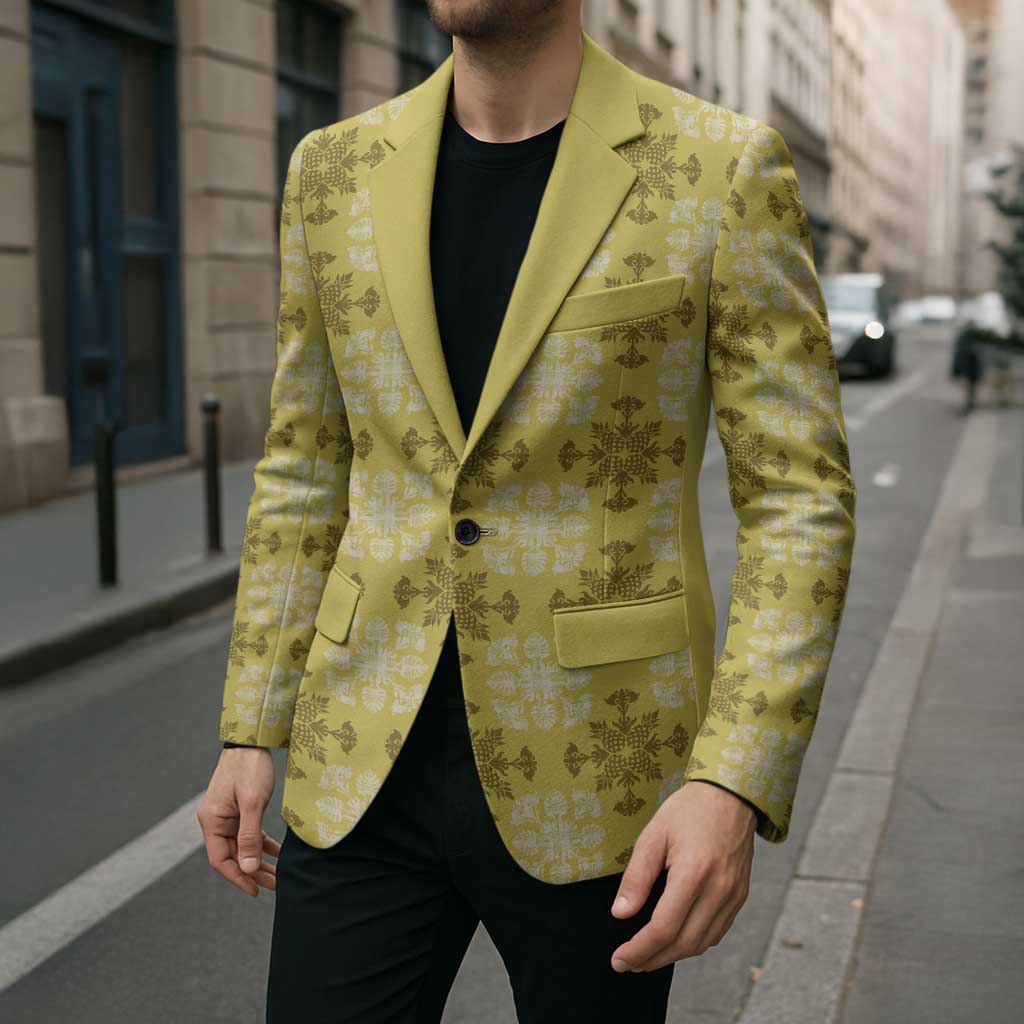 Yellow Hawaiian Quilt Blazer Hawaii Pineapple Monstera Palaka Motifs - Polynesian Pride