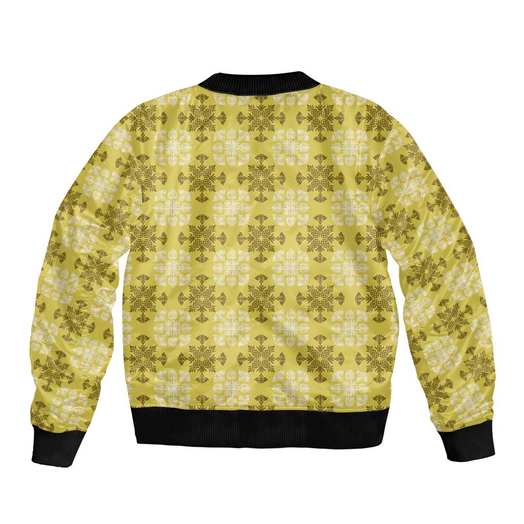 Yellow Hawaiian Quilt Bomber Jacket Hawaii Pineapple Monstera Palaka Motifs - Polynesian Pride