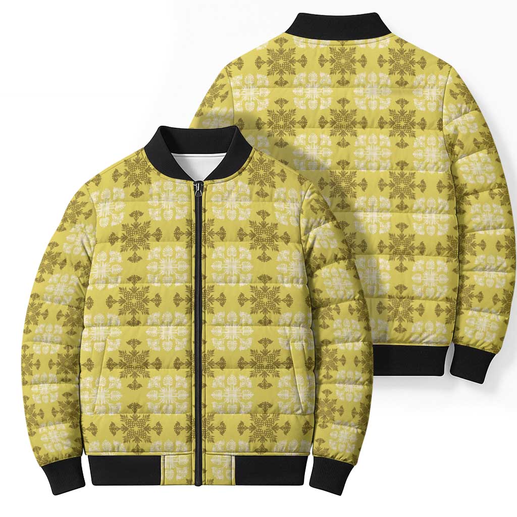 Yellow Hawaiian Quilt Bomber Puffer Jacket Hawaii Pineapple Monstera Palaka Motifs - Polynesian Pride