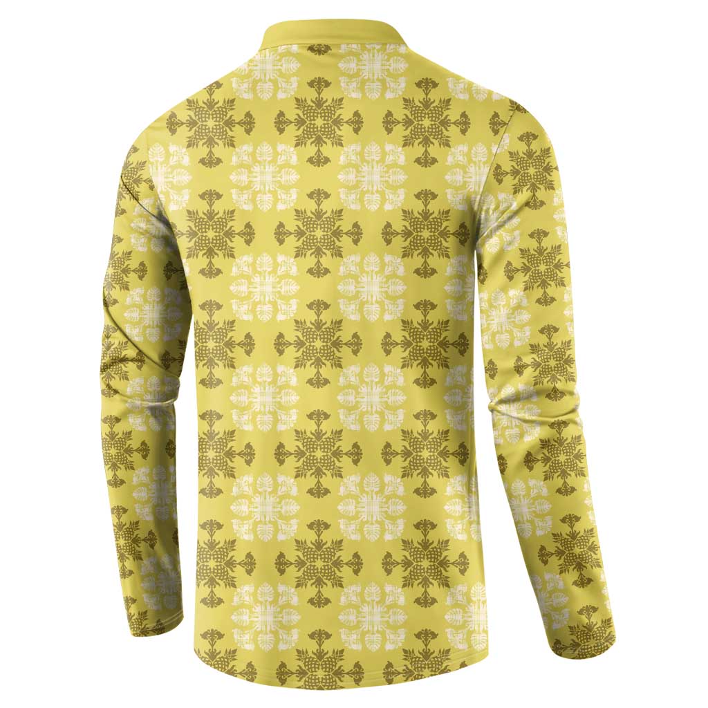 Yellow Hawaiian Quilt Button Sweatshirt Hawaii Pineapple Monstera Palaka Motifs - Polynesian Pride