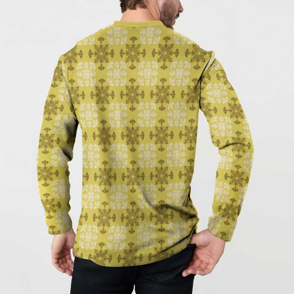 Yellow Hawaiian Quilt Button Sweatshirt Hawaii Pineapple Monstera Palaka Motifs - Polynesian Pride