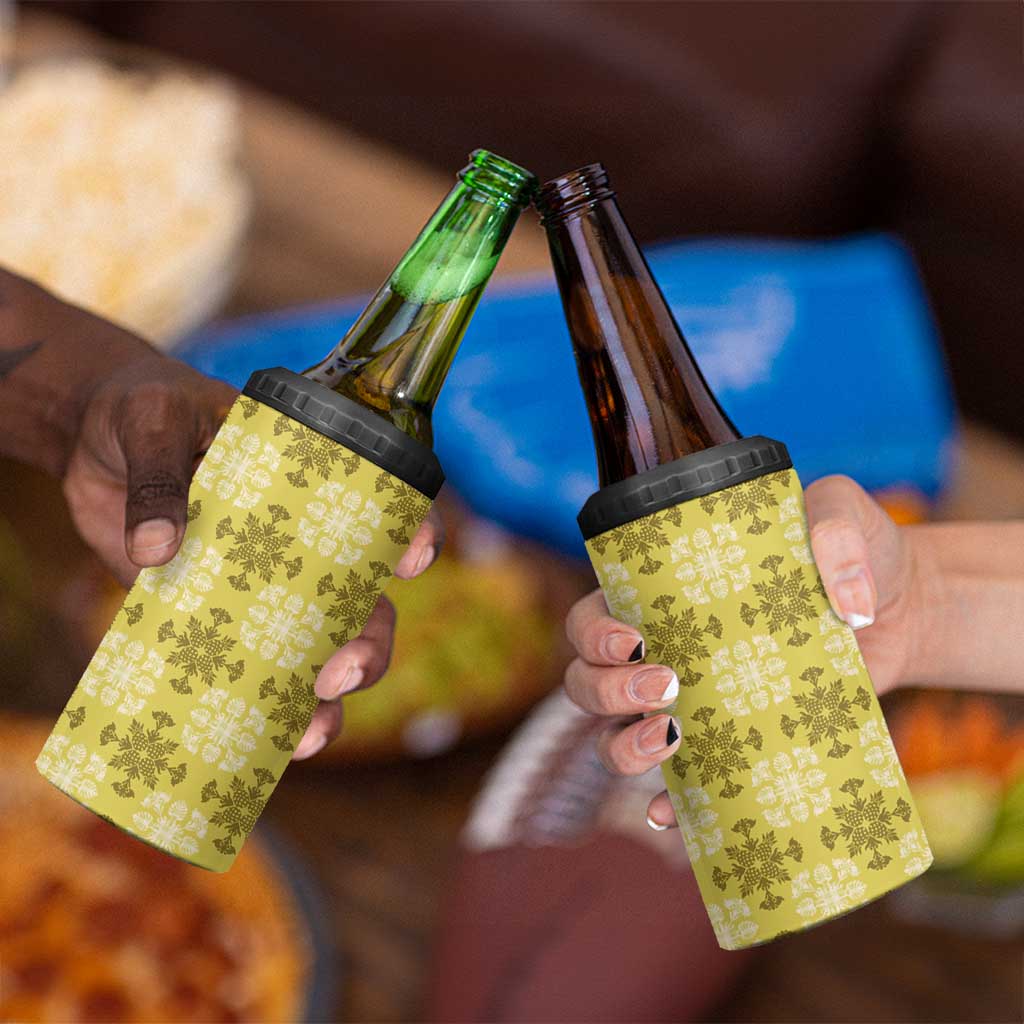 Yellow Hawaiian Quilt 4 in 1 Can Cooler Tumbler Hawaii Pineapple Monstera Palaka Motifs - Polynesian Pride