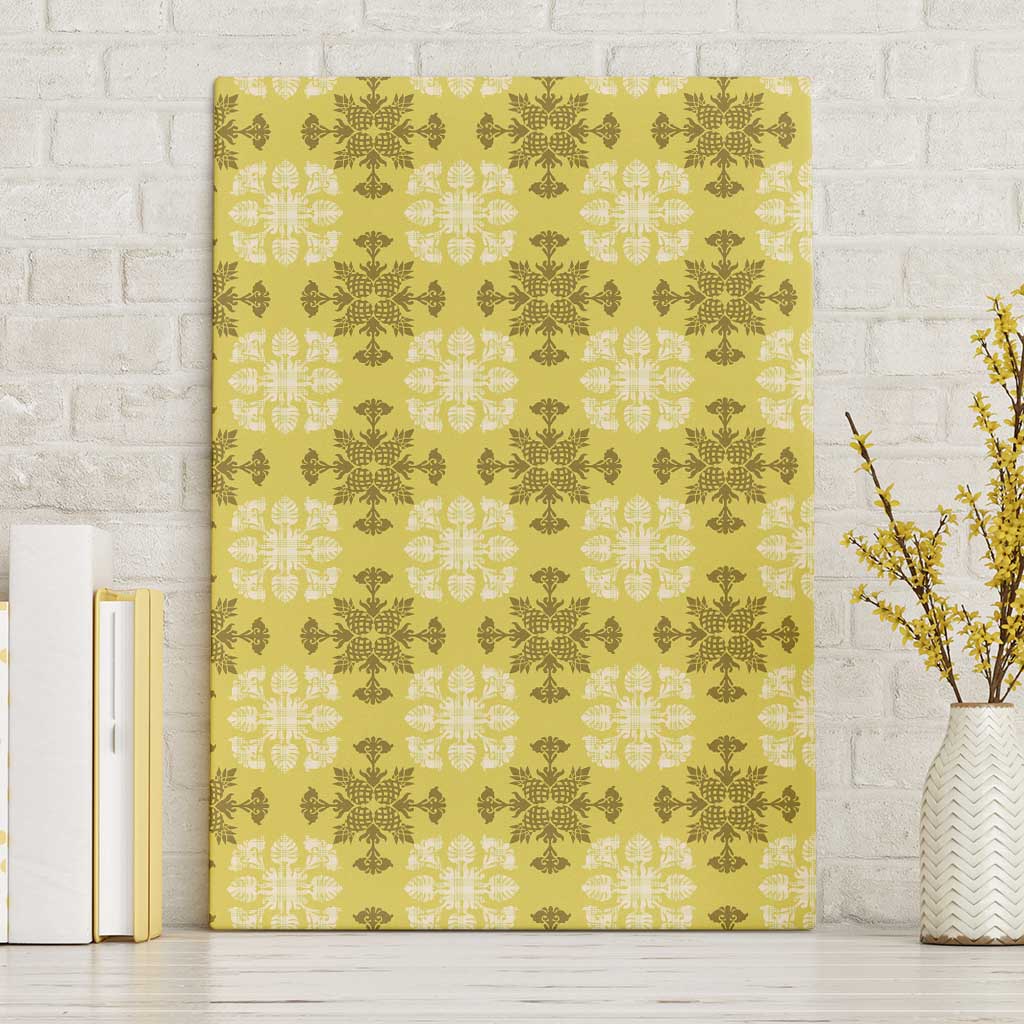 Yellow Hawaiian Quilt Canvas Wall Art Hawaii Pineapple Monstera Palaka Motifs - Polynesian Pride