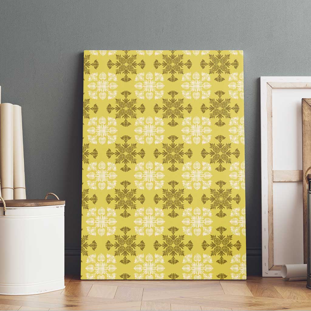 Yellow Hawaiian Quilt Canvas Wall Art Hawaii Pineapple Monstera Palaka Motifs - Polynesian Pride
