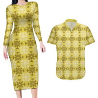 Yellow Hawaiian Quilt Couples Matching Long Sleeve Bodycon Dress and Hawaiian Shirt Hawaii Pineapple Monstera Palaka Motifs LT14 Yellow - Polynesian Pride