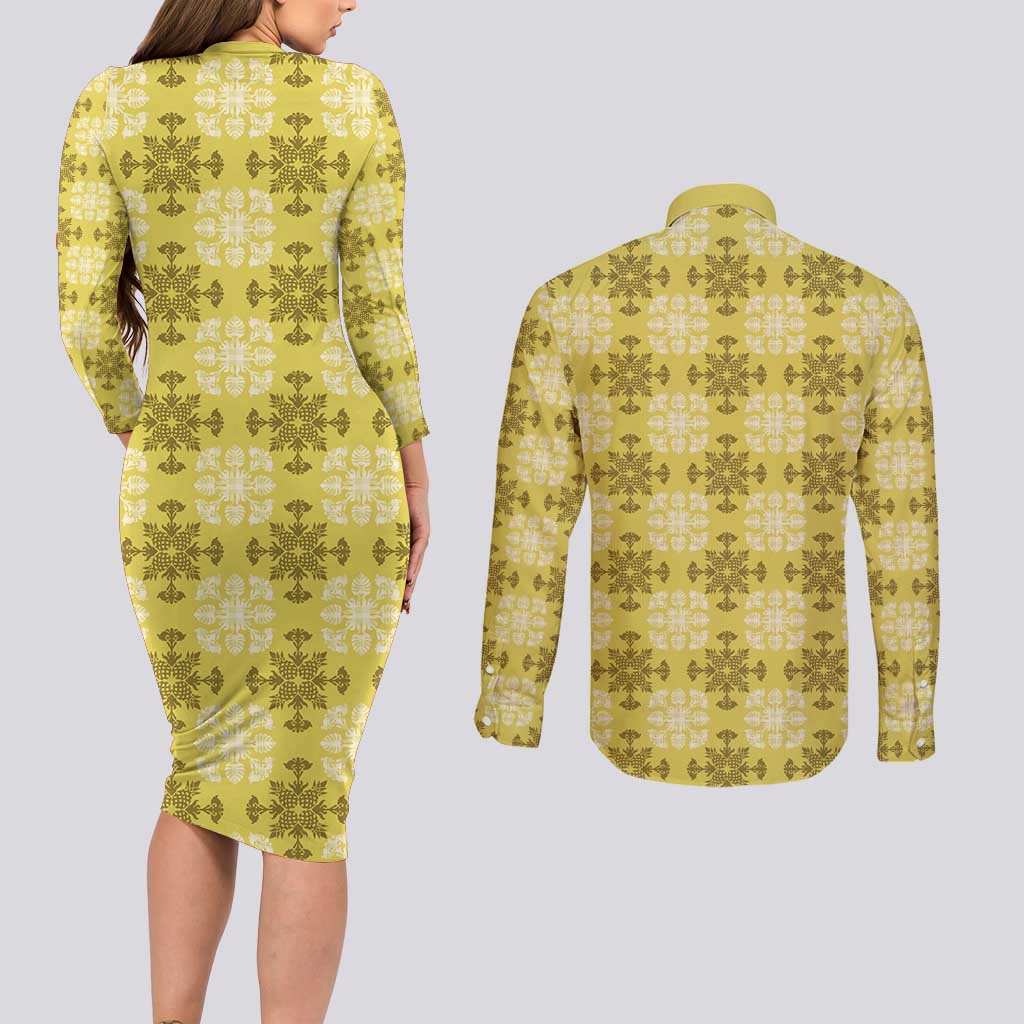 Yellow Hawaiian Quilt Couples Matching Long Sleeve Bodycon Dress and Long Sleeve Button Shirt Hawaii Pineapple Monstera Palaka Motifs LT14 - Polynesian Pride