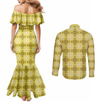 Yellow Hawaiian Quilt Couples Matching Mermaid Dress and Long Sleeve Button Shirt Hawaii Pineapple Monstera Palaka Motifs LT14 - Polynesian Pride