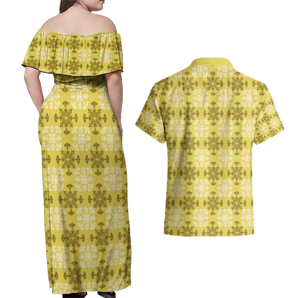 Yellow Hawaiian Quilt Couples Matching Off Shoulder Maxi Dress and Hawaiian Shirt Hawaii Pineapple Monstera Palaka Motifs LT14 - Polynesian Pride