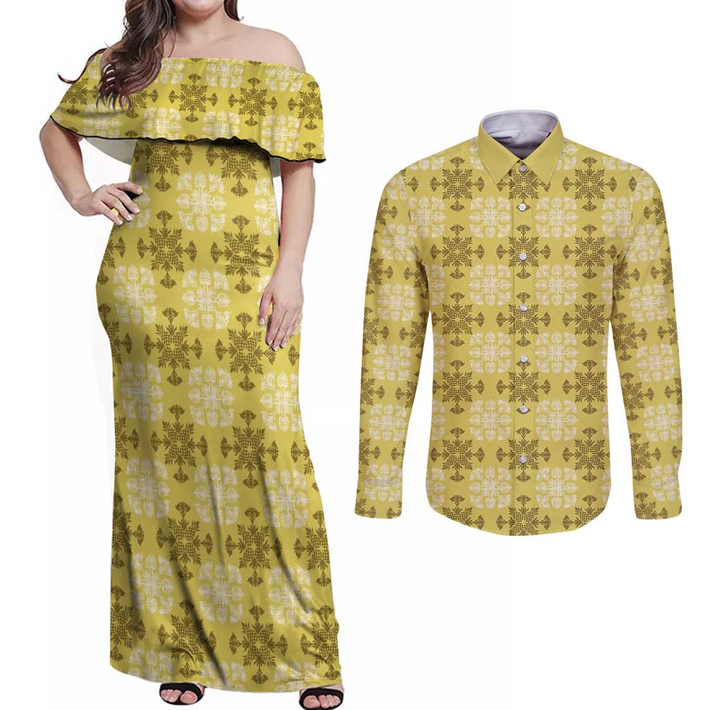 Yellow Hawaiian Quilt Couples Matching Off Shoulder Maxi Dress and Long Sleeve Button Shirt Hawaii Pineapple Monstera Palaka Motifs - Polynesian Pride