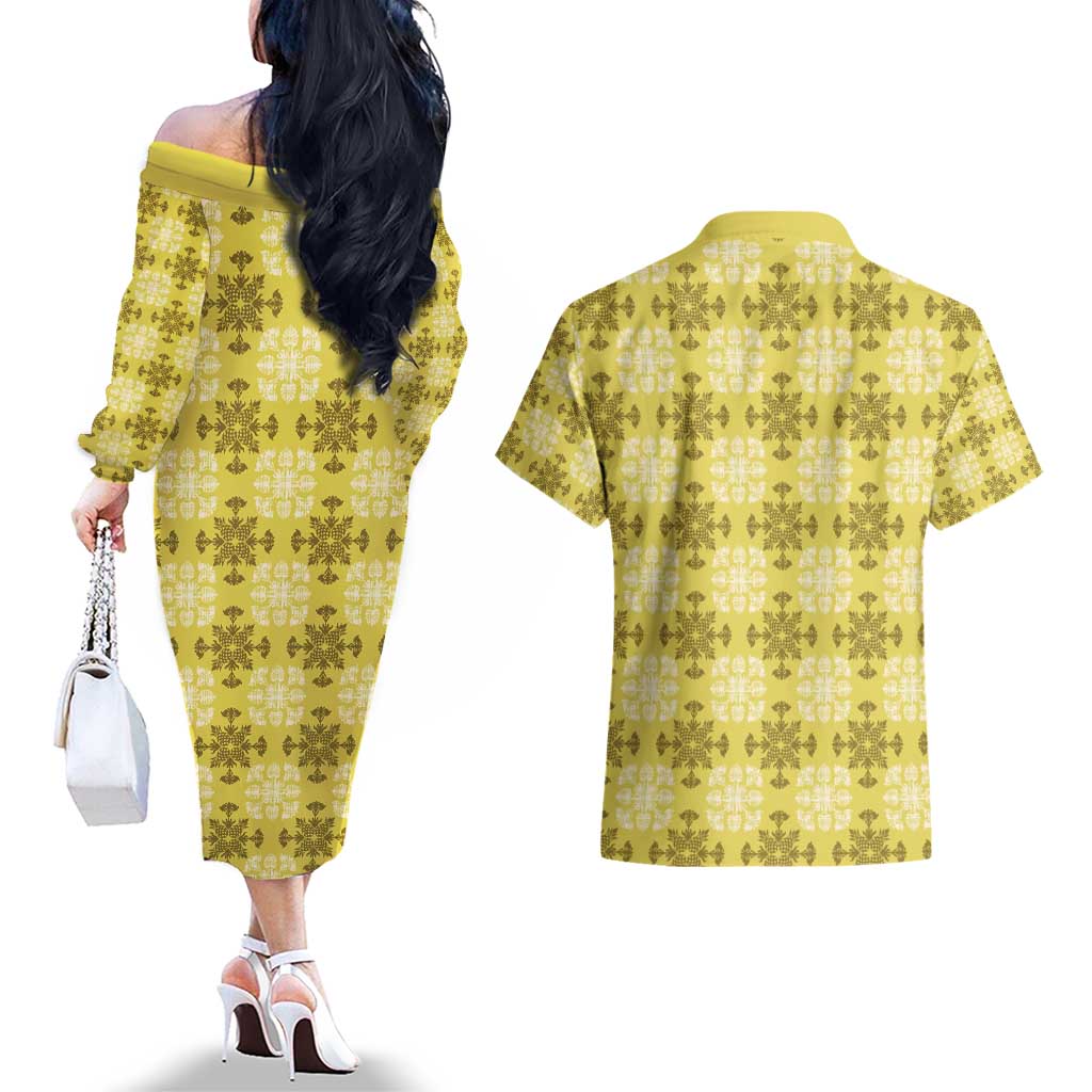 Yellow Hawaiian Quilt Couples Matching Off The Shoulder Long Sleeve Dress and Hawaiian Shirt Hawaii Pineapple Monstera Palaka Motifs - Polynesian Pride
