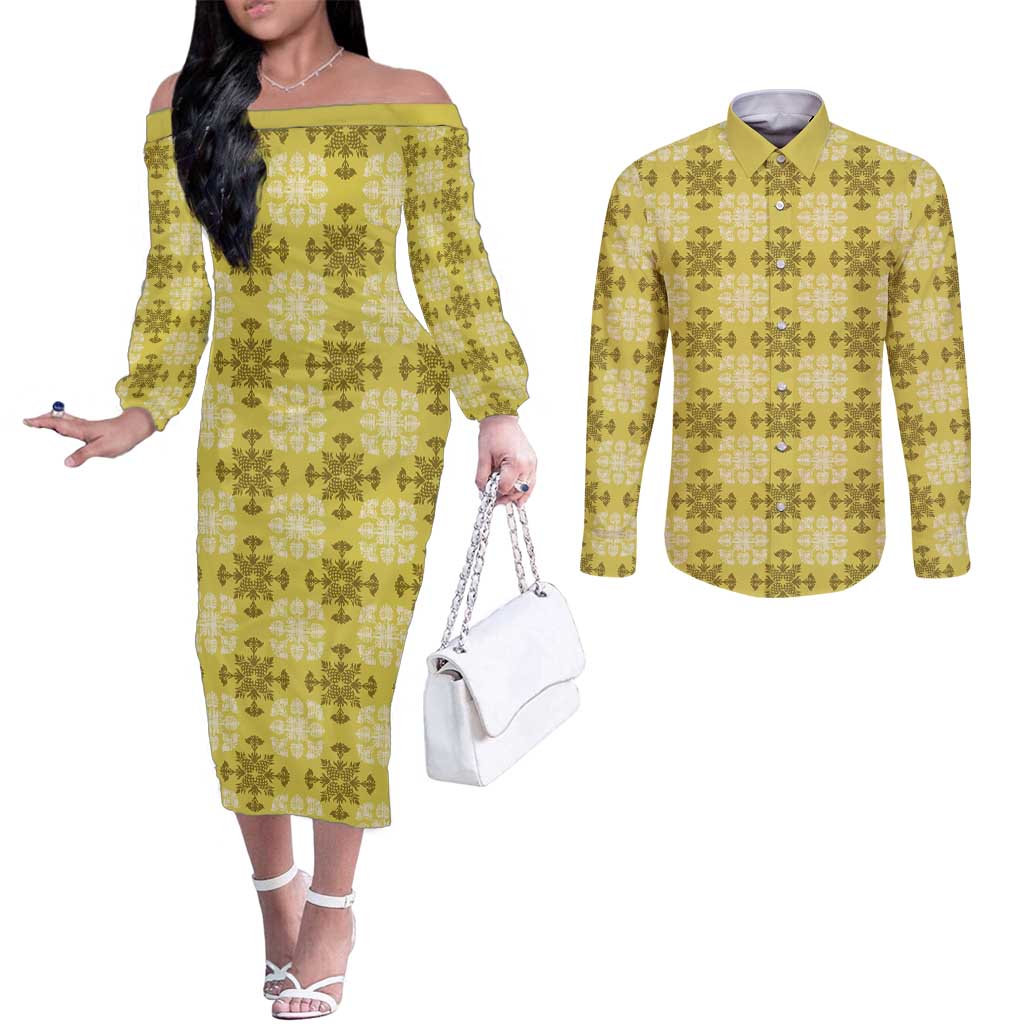 Yellow Hawaiian Quilt Couples Matching Off The Shoulder Long Sleeve Dress and Long Sleeve Button Shirt Hawaii Pineapple Monstera Palaka Motifs LT14 Yellow - Polynesian Pride