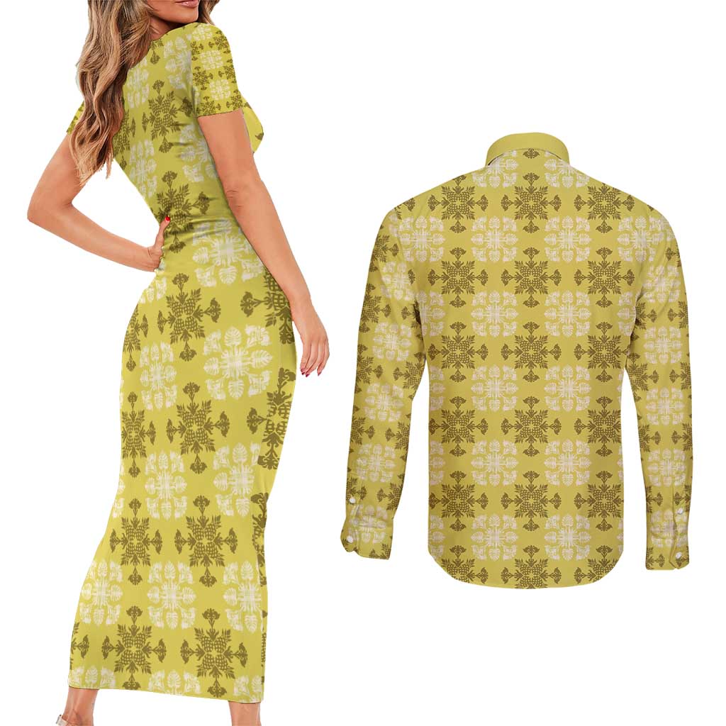 Yellow Hawaiian Quilt Couples Matching Short Sleeve Bodycon Dress and Long Sleeve Button Shirt Hawaii Pineapple Monstera Palaka Motifs LT14 - Polynesian Pride