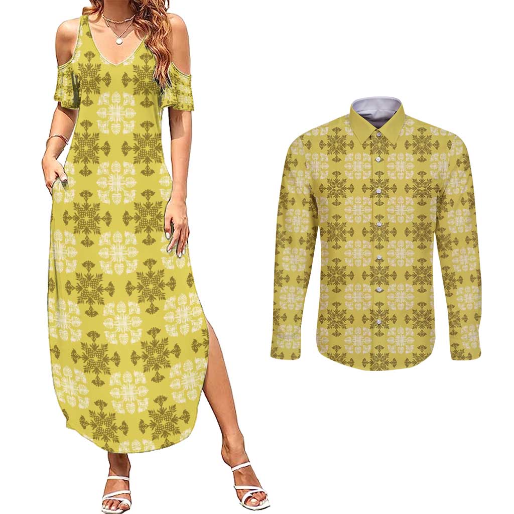 Yellow Hawaiian Quilt Couples Matching Summer Maxi Dress and Long Sleeve Button Shirt Hawaii Pineapple Monstera Palaka Motifs - Polynesian Pride