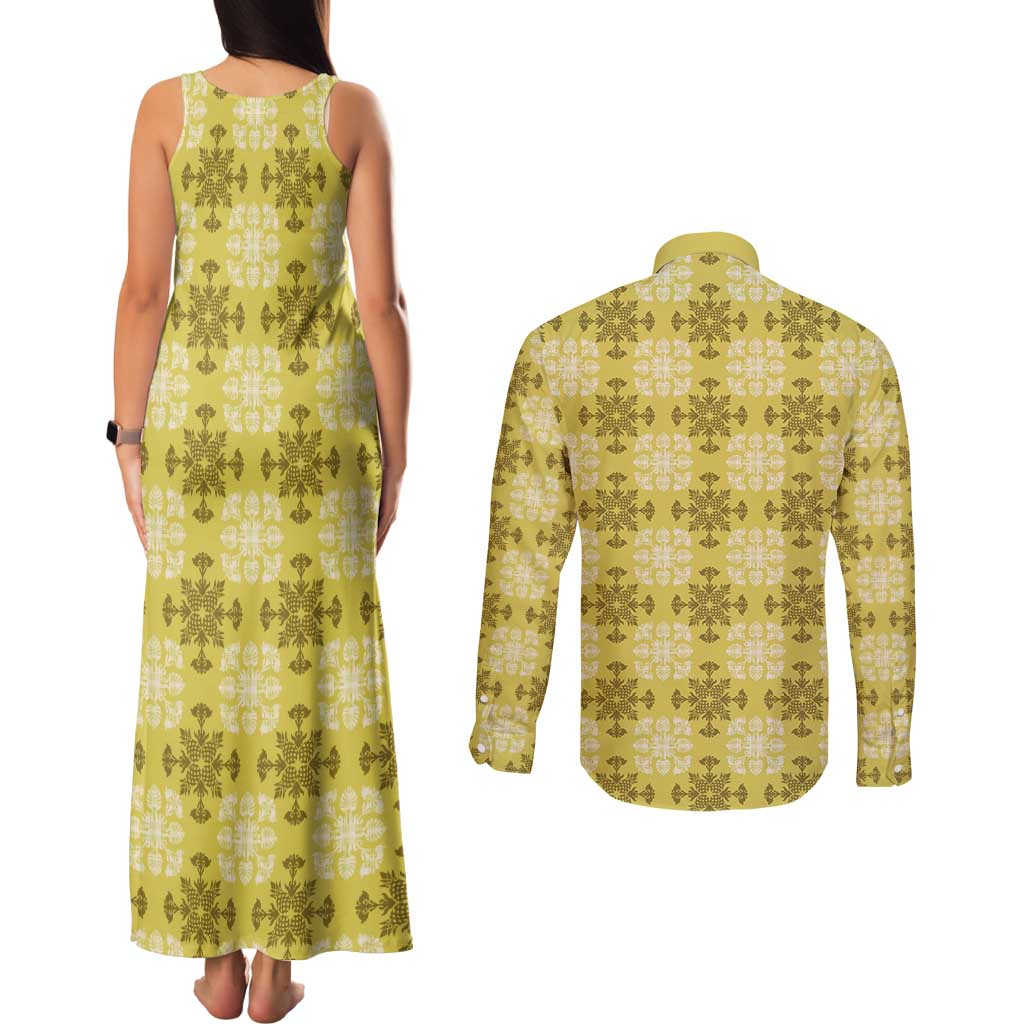 Yellow Hawaiian Quilt Couples Matching Tank Maxi Dress and Long Sleeve Button Shirt Hawaii Pineapple Monstera Palaka Motifs LT14 - Polynesian Pride