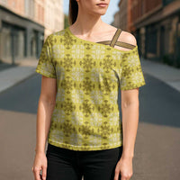 Yellow Hawaiian Quilt Cross Shoulder Shirt Hawaii Pineapple Monstera Palaka Motifs - Polynesian Pride