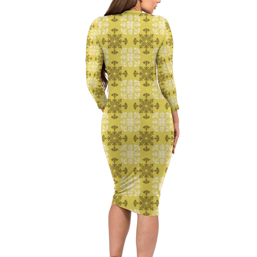 Yellow Hawaiian Quilt Family Matching Long Sleeve Bodycon Dress and Hawaiian Shirt Hawaii Pineapple Monstera Palaka Motifs - Polynesian Pride