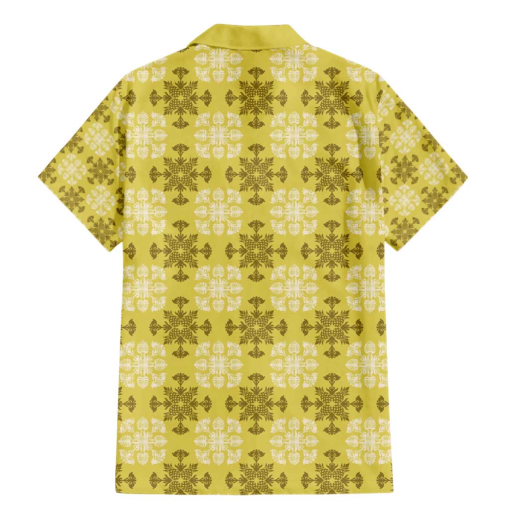 Yellow Hawaiian Quilt Family Matching Mermaid Dress and Hawaiian Shirt Hawaii Pineapple Monstera Palaka Motifs - Polynesian Pride