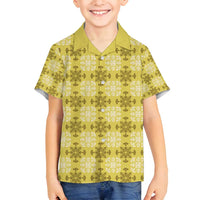 Yellow Hawaiian Quilt Family Matching Off Shoulder Short Dress and Hawaiian Shirt Hawaii Pineapple Monstera Palaka Motifs - Polynesian Pride