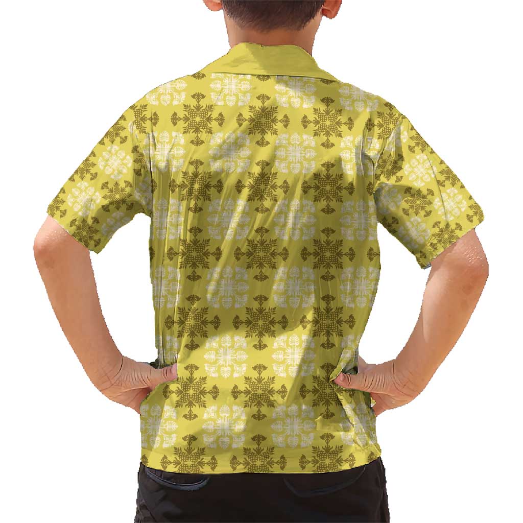 Yellow Hawaiian Quilt Family Matching Short Sleeve Bodycon Dress and Hawaiian Shirt Hawaii Pineapple Monstera Palaka Motifs - Polynesian Pride