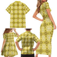 Yellow Hawaiian Quilt Family Matching Short Sleeve Bodycon Dress and Hawaiian Shirt Hawaii Pineapple Monstera Palaka Motifs - Polynesian Pride