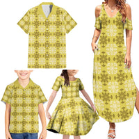 Yellow Hawaiian Quilt Family Matching Summer Maxi Dress and Hawaiian Shirt Hawaii Pineapple Monstera Palaka Motifs - Polynesian Pride
