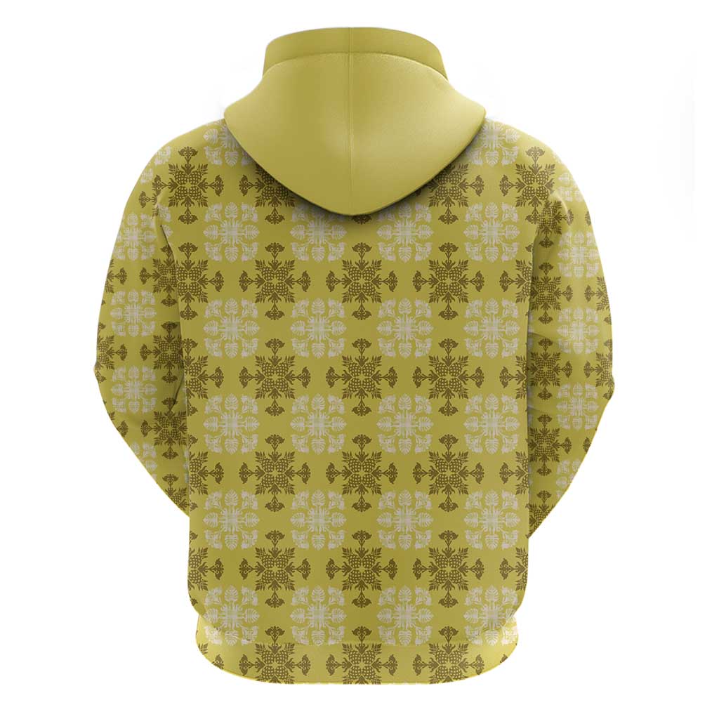 Yellow Hawaiian Quilt Hoodie Hawaii Pineapple Monstera Palaka Motifs - Polynesian Pride