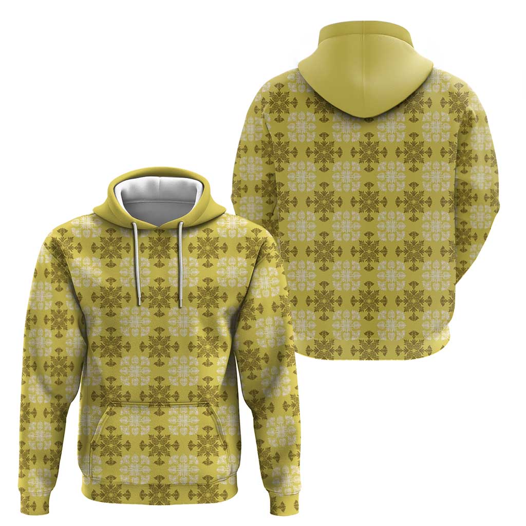 Yellow Hawaiian Quilt Hoodie Hawaii Pineapple Monstera Palaka Motifs - Polynesian Pride
