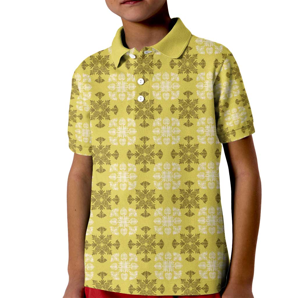 Yellow Hawaiian Quilt Kid Polo Shirt Hawaii Pineapple Monstera Palaka Motifs - Polynesian Pride