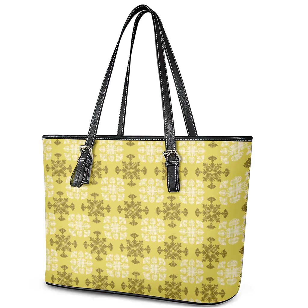 Yellow Hawaiian Quilt Leather Tote Bag Hawaii Pineapple Monstera Palaka Motifs - Polynesian Pride