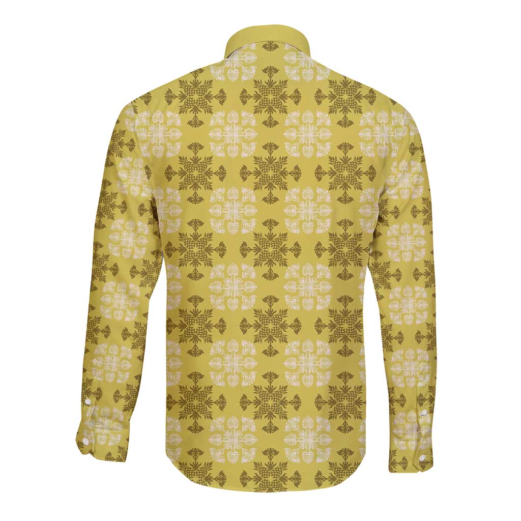 Yellow Hawaiian Quilt Long Sleeve Button Shirt Hawaii Pineapple Monstera Palaka Motifs - Polynesian Pride