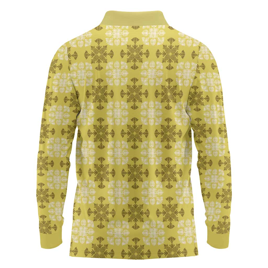 Yellow Hawaiian Quilt Long Sleeve Polo Shirt Hawaii Pineapple Monstera Palaka Motifs - Polynesian Pride