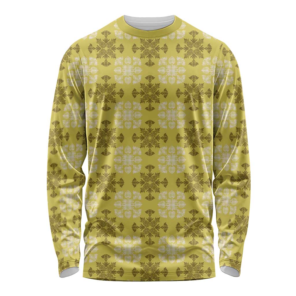 Yellow Hawaiian Quilt Long Sleeve Shirt Hawaii Pineapple Monstera Palaka Motifs - Polynesian Pride