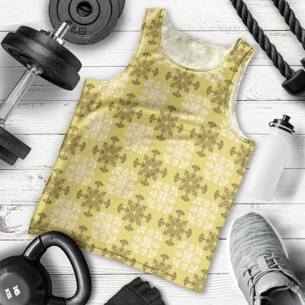 Yellow Hawaiian Quilt Men Tank Top Hawaii Pineapple Monstera Palaka Motifs - Polynesian Pride