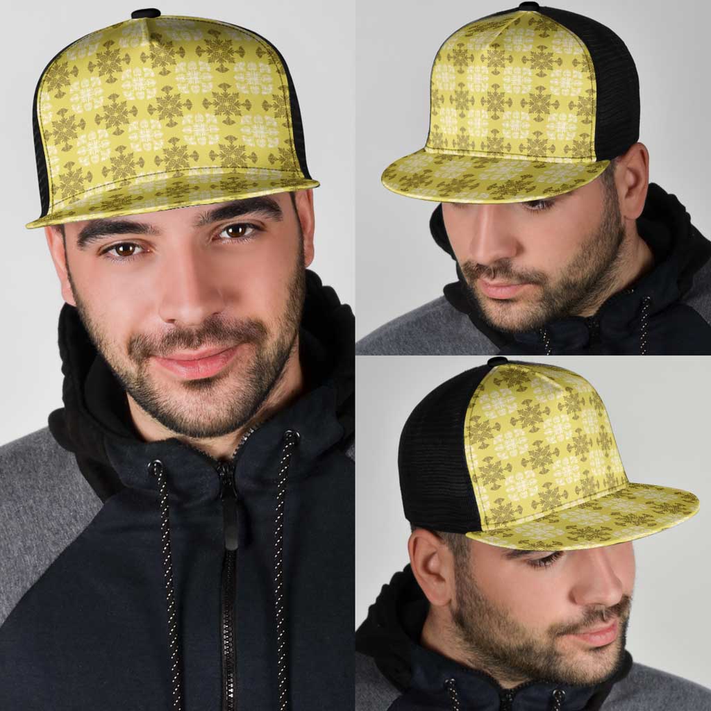 Yellow Hawaiian Quilt Mesh Trucker Cap Hawaii Pineapple Monstera Palaka Motifs - Polynesian Pride