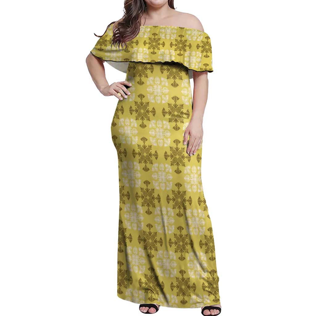 Yellow Hawaiian Quilt Off Shoulder Maxi Dress Hawaii Pineapple Monstera Palaka Motifs - Polynesian Pride