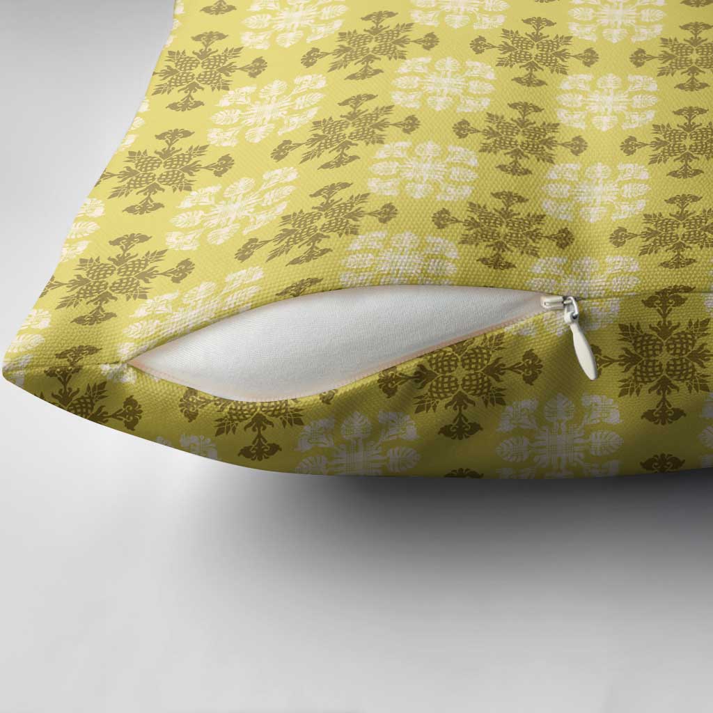 Yellow Hawaiian Quilt Pillow Cover Hawaii Pineapple Monstera Palaka Motifs - Polynesian Pride