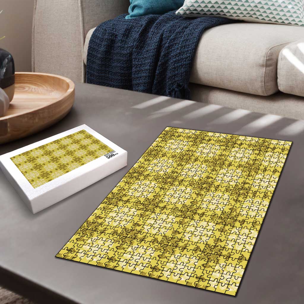 Yellow Hawaiian Quilt Puzzle Hawaii Pineapple Monstera Palaka Motifs - Polynesian Pride