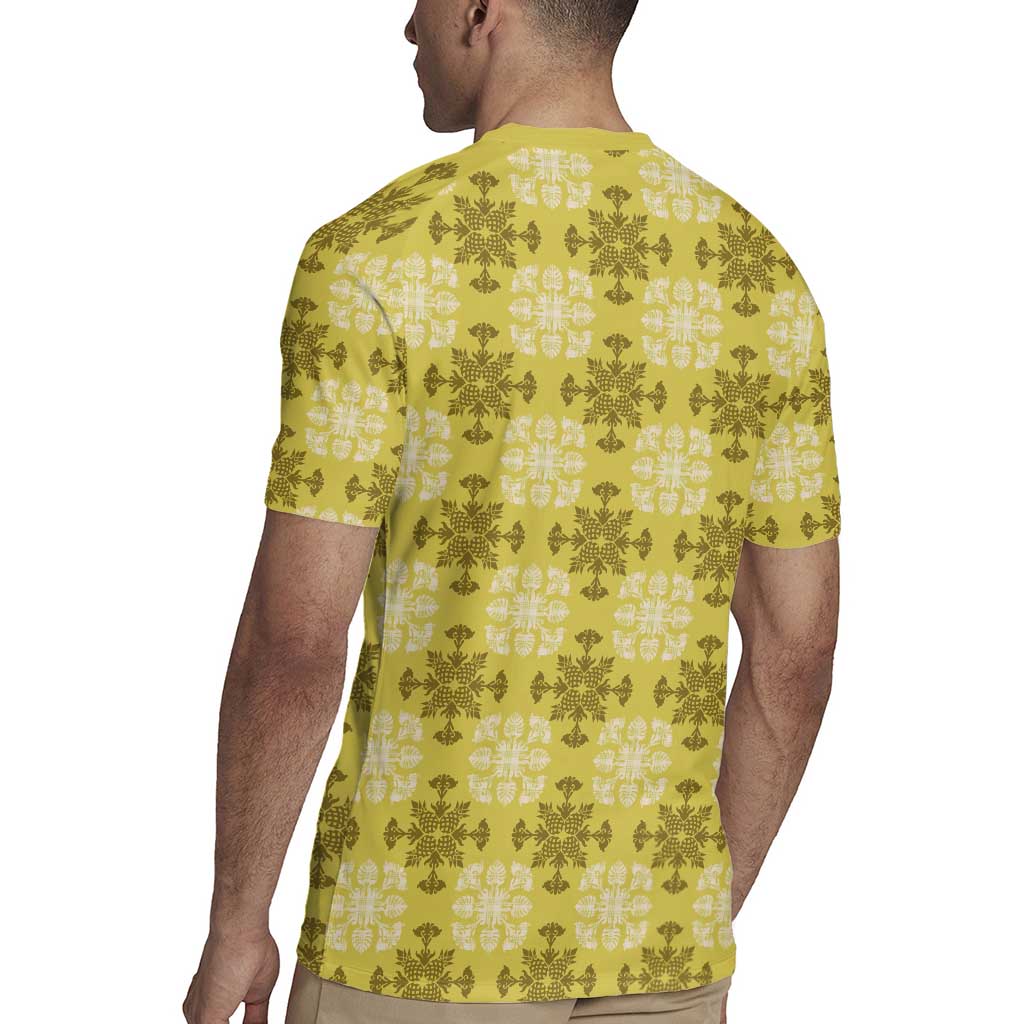 Yellow Hawaiian Quilt Rugby Jersey Hawaii Pineapple Monstera Palaka Motifs - Polynesian Pride
