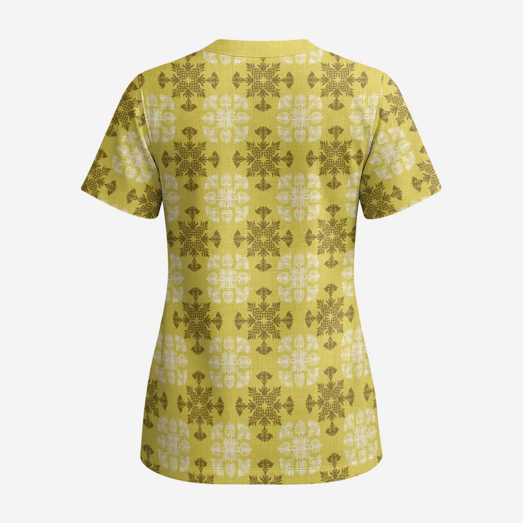 Yellow Hawaiian Quilt Scrub Top Hawaii Pineapple Monstera Palaka Motifs - Polynesian Pride