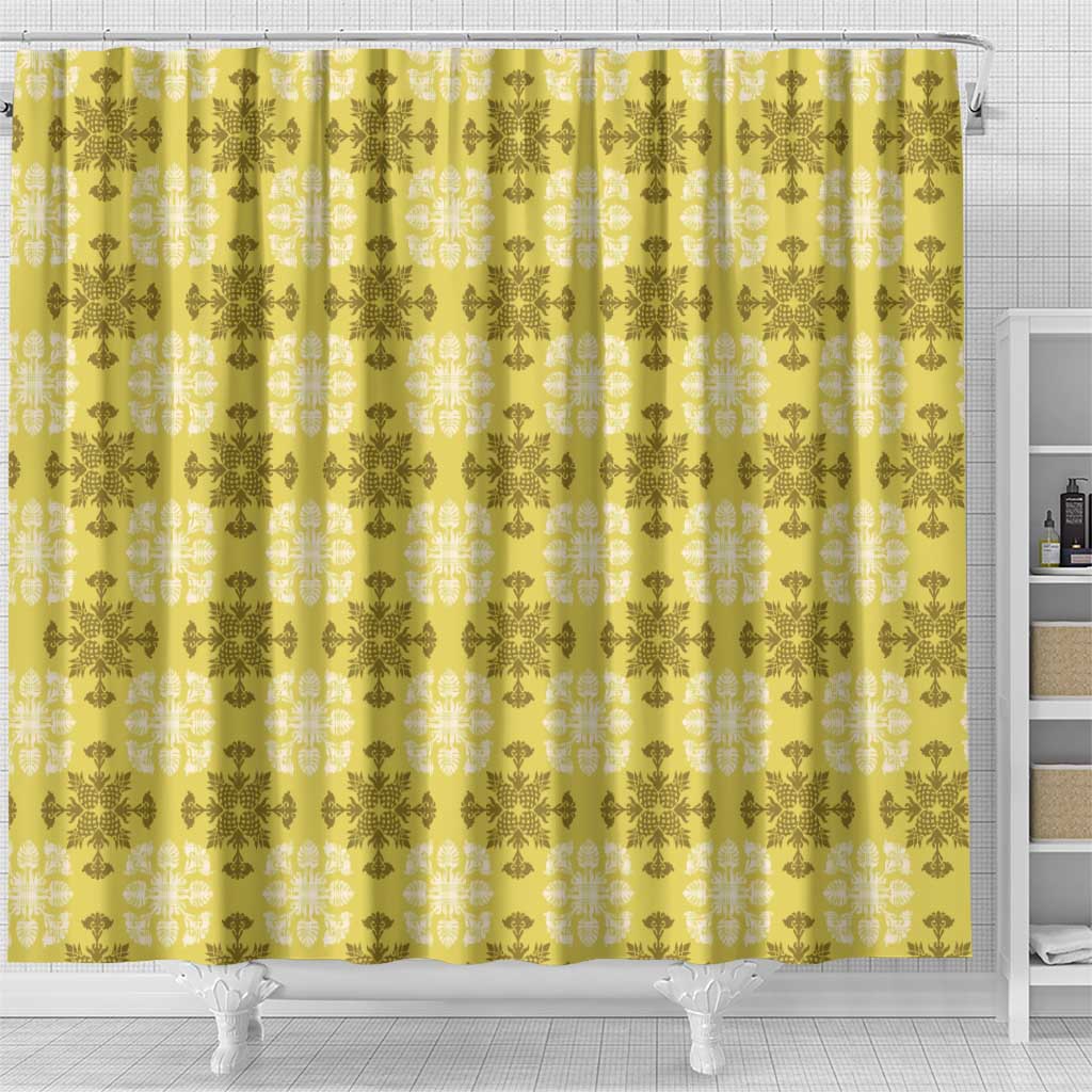 Yellow Hawaiian Quilt Shower Curtain Hawaii Pineapple Monstera Palaka Motifs - Polynesian Pride