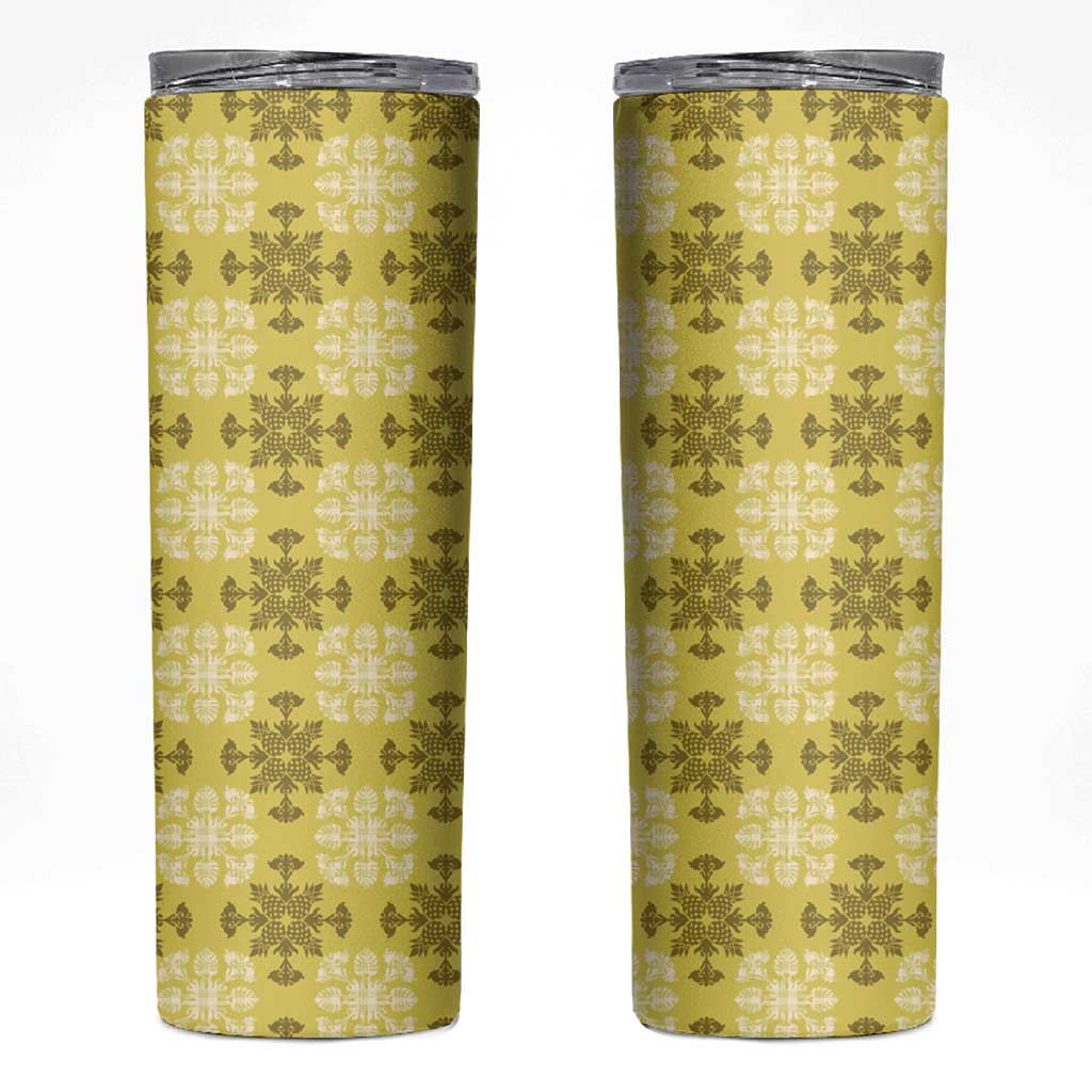 Yellow Hawaiian Quilt Skinny Tumbler Hawaii Pineapple Monstera Palaka Motifs - Polynesian Pride