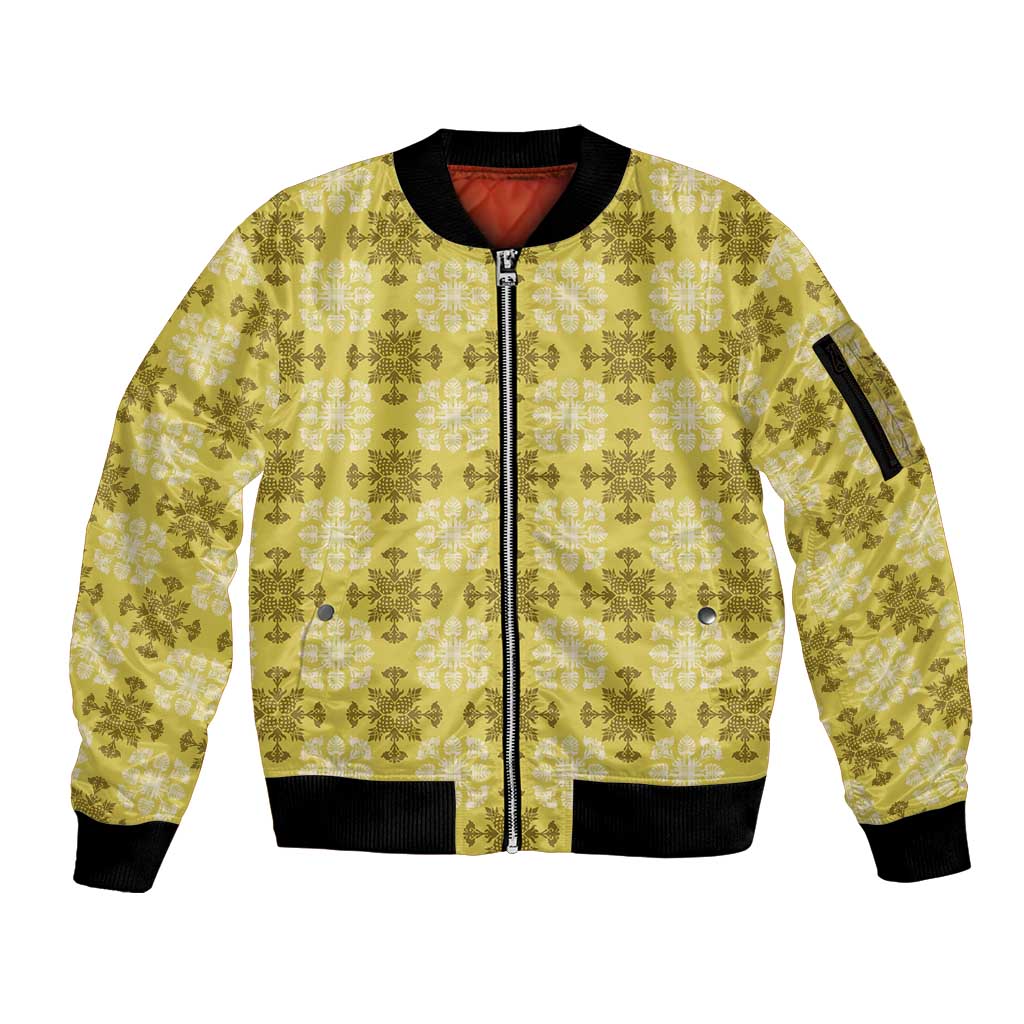Yellow Hawaiian Quilt Sleeve Zip Bomber Jacket Hawaii Pineapple Monstera Palaka Motifs - Polynesian Pride