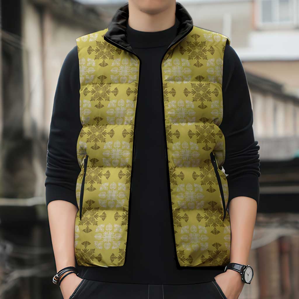 Yellow Hawaiian Quilt Sleeveless Puffer Jacket Hawaii Pineapple Monstera Palaka Motifs - Polynesian Pride