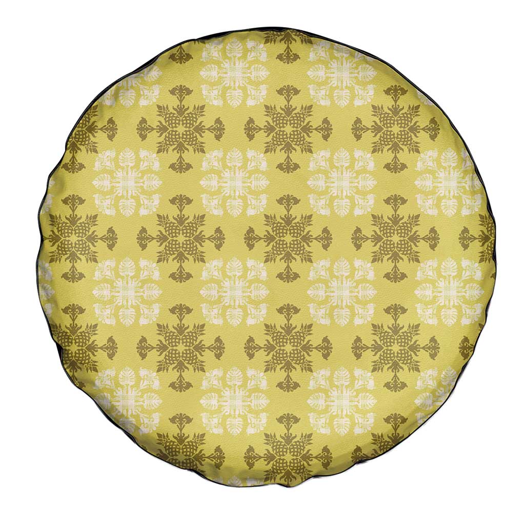 Yellow Hawaiian Quilt Spare Tire Cover Hawaii Pineapple Monstera Palaka Motifs - Polynesian Pride