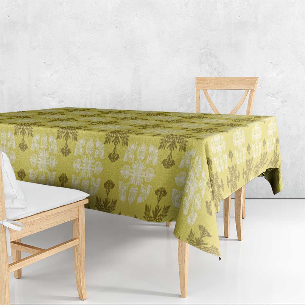 Yellow Hawaiian Quilt Tablecloth Hawaii Pineapple Monstera Palaka Motifs - Polynesian Pride